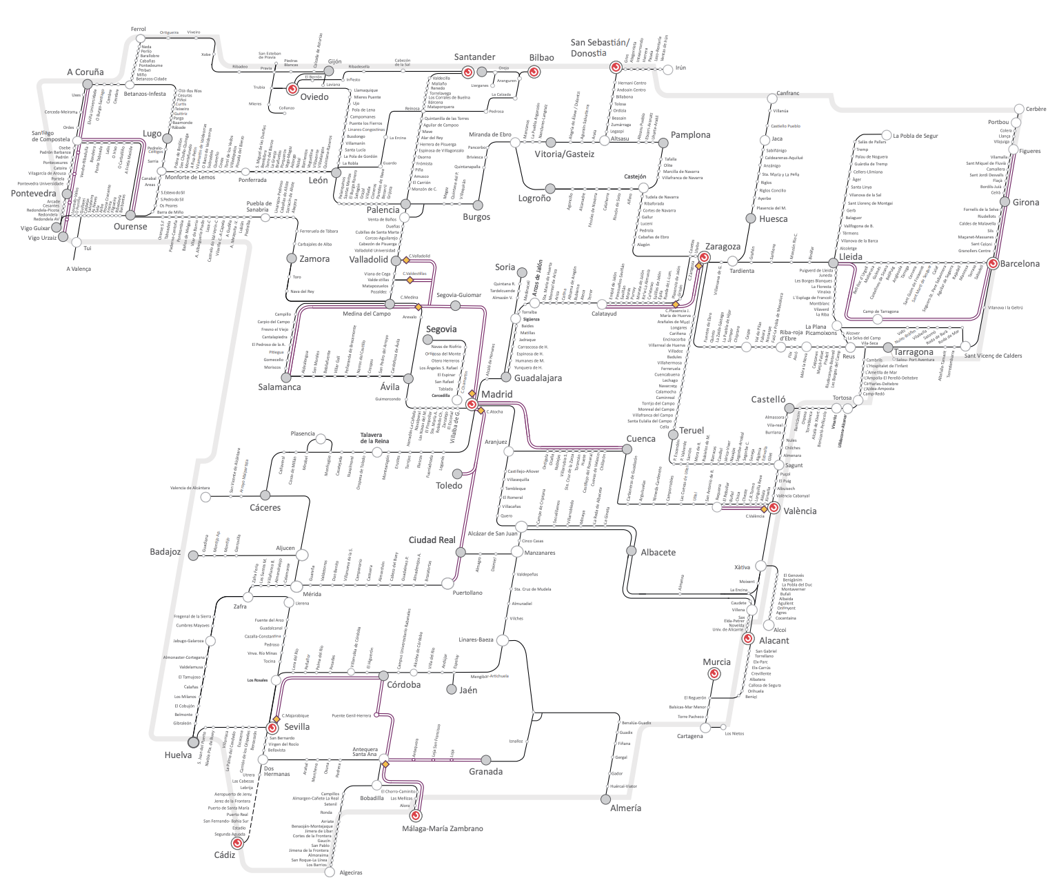 Mapa de trenes regionales de España a enero de 2022 (Fuente: RENFE)